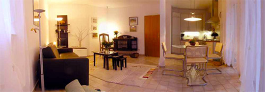 Wohnzimmer mit Sofa und Esstisch, im Hintergrund die Küche